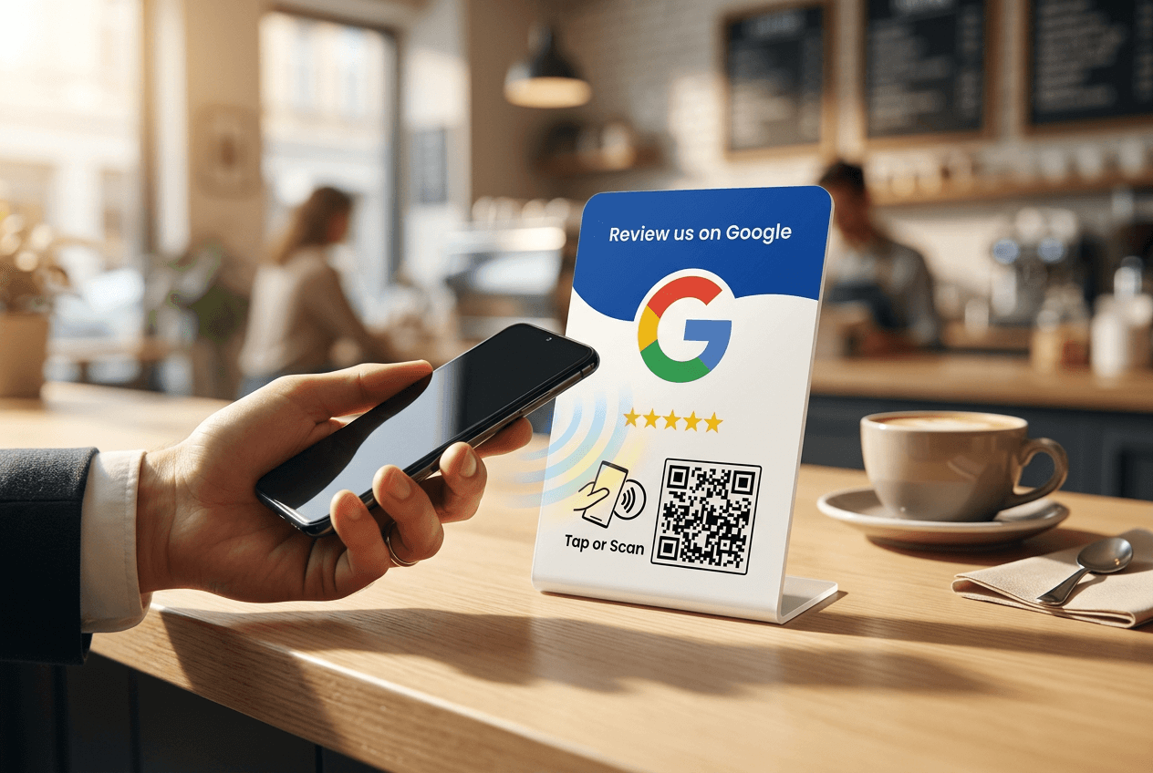 A guest holding a phone against a Tap4Review card on a cafe counter
